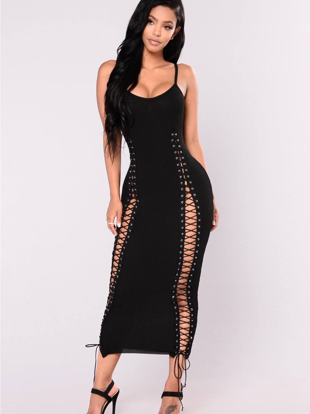 Fashion Nova Black Lace-Up Midi Dress - Women